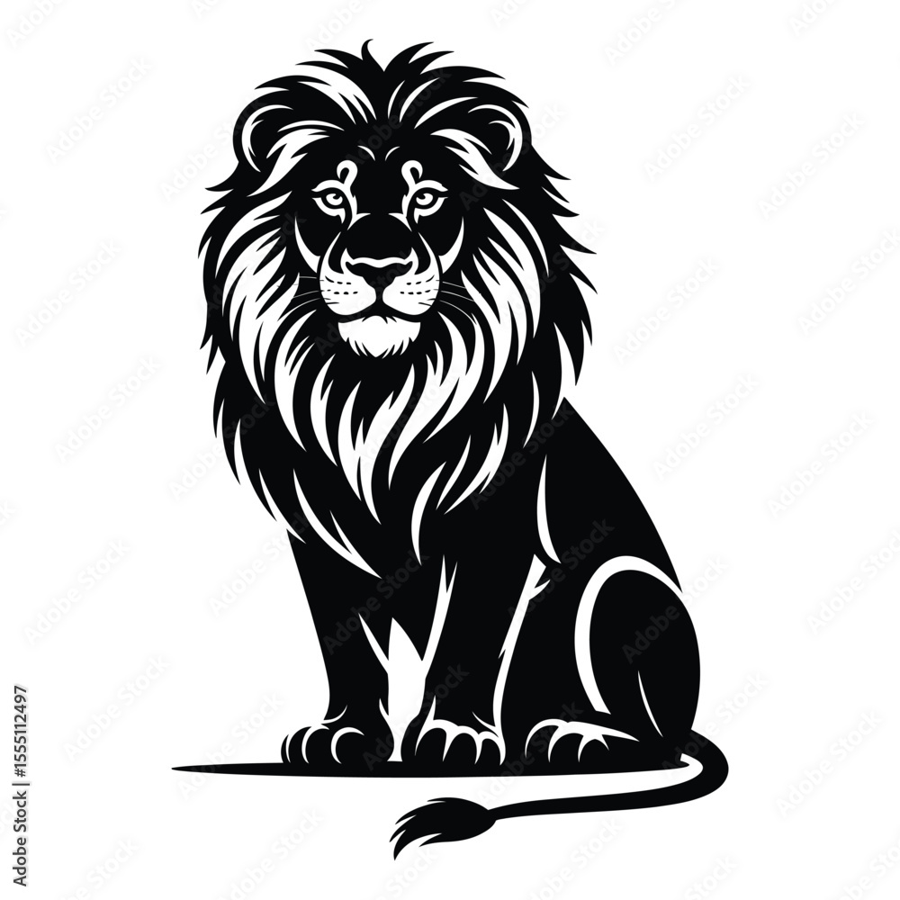 Fototapeta premium Sitting lion silhouette with long mane on isolated black and white background