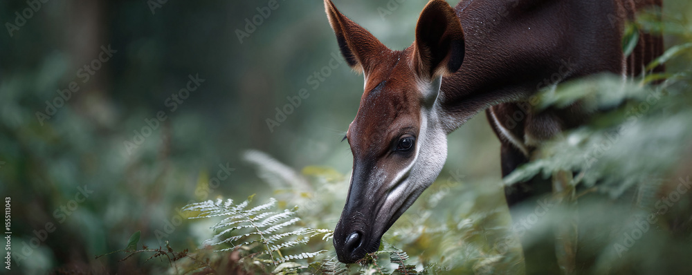 Obraz premium Closeup of an Okapi grazing in a lush forest. Evokes concepts of wildlife, nature, conservation, and the beauty of endangered species. Perfect for education, advocacy or travel.