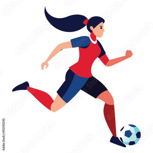 Female Soccer Player in Action Running with the Ball Wearing Red and Blue Uniform Sports Illustration Isolated on White Background Vector Art