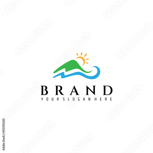 mountain waves and sun logo in flat design style
