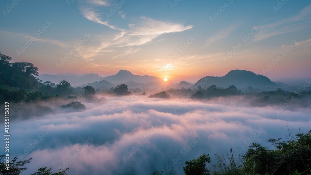 Fototapeta premium Sunrise over misty mountains and lush green trees at dawn, serene and tranquil landscape.