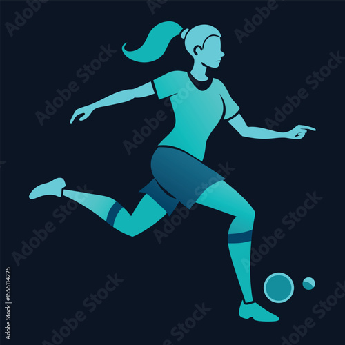 Female Soccer Player Dribbling the Ball Vector Illustration in Blue Tones Sporty Woman in Action Isolated on Dark Background Sports Graphic for Design