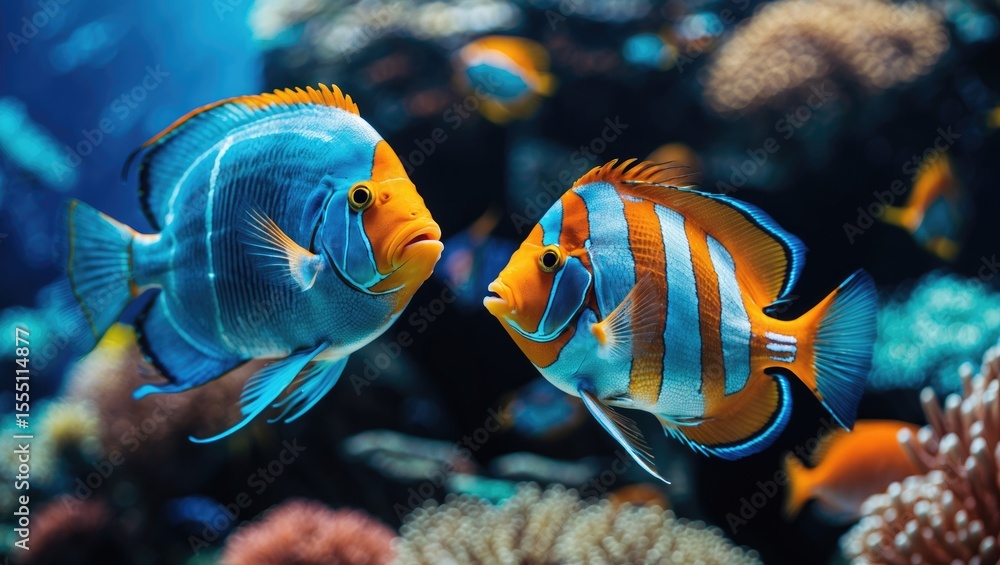 Fototapeta premium Two colorful fish facing each other in an underwater scene with coral and rocks, showcasing marine life and aquatic environment.
