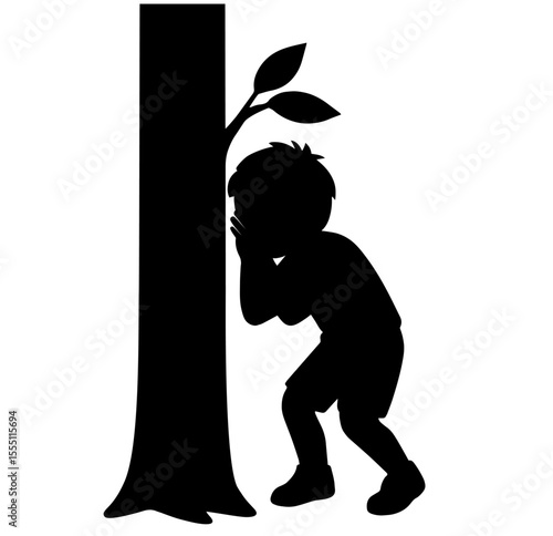 Silhouette of Child Hiding Behind Tree – Hide and Seek Game