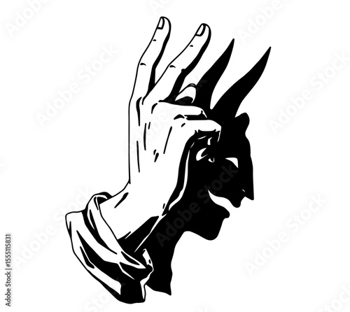 Silhouette of Hand Creating Shadow in Shape of Horned Demon – Optical Illusion, Dark Symbolism, Mythology, and Occult Concept for Surreal Art, Gothic Aesthetic, and Visual Metaphor of Fear and Duality