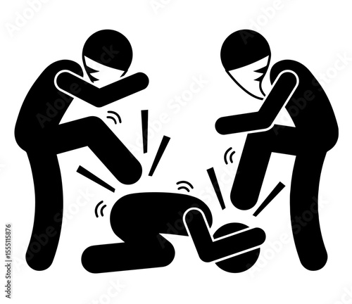 Two masked attackers beating a person on the ground, physical violence, street crime, bullying, assault, criminal aggression. danger, abuse, intimidation, gang violence, or law enforcement and safety 