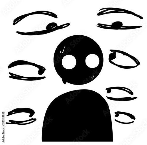 Silhouette of Anxious Person Surrounded by Eyes – Social Anxiety, Paranoia, Mental Pressure, Fear of Judgment, Psychological Discomfort, Emotional Health and Psychological Issues 