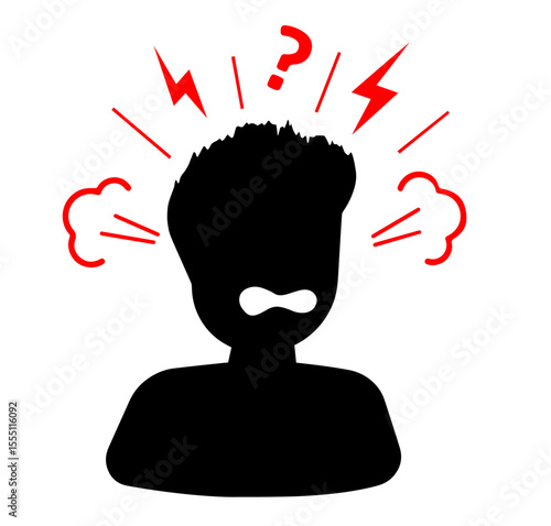 Angry person shouting with steam and symbols representing frustration and emotional outburst in expressive graphic icon for communication, aggression, stress, and psychological concept visuals.


