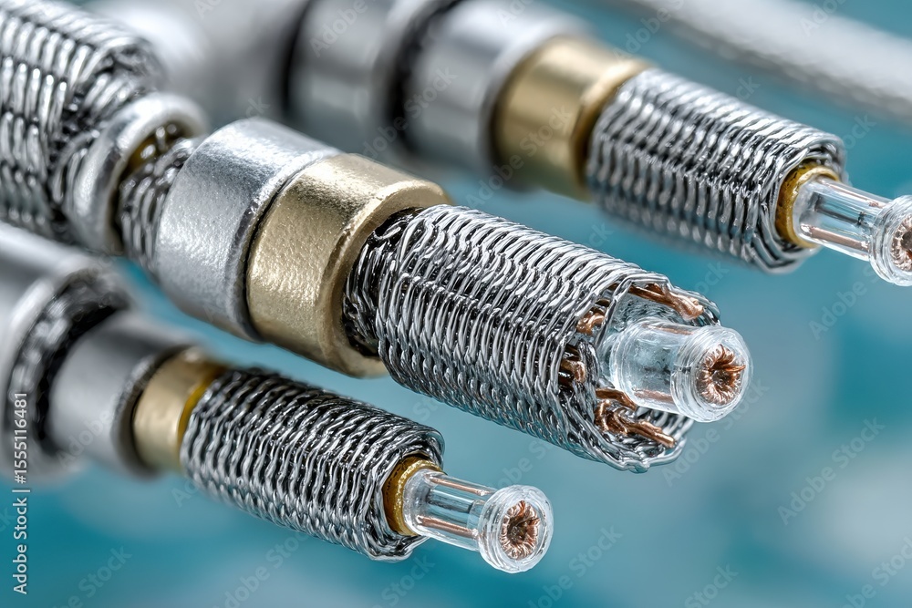 Close-up of a detailed electrical connector showcasing intricate metal and wire design Close-up of a detailed electrical connector showcasing intricate metal and wire design