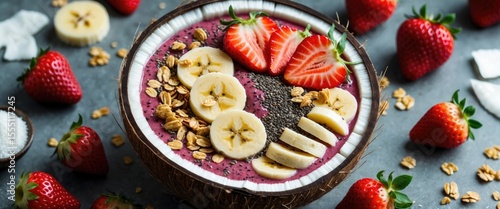 Wallpaper Mural A smoothie bowl topped with sliced banana, strawberries, granola, and chia seeds, surrounded by fresh strawberries on a dark surface. Torontodigital.ca