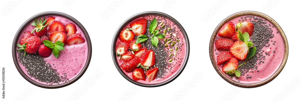 Set of Delicious strawberry smoothie bowl with chia seeds isolated on transparent background Set of Delicious strawberry smoothie bowl with chia seeds isolated on transparent background