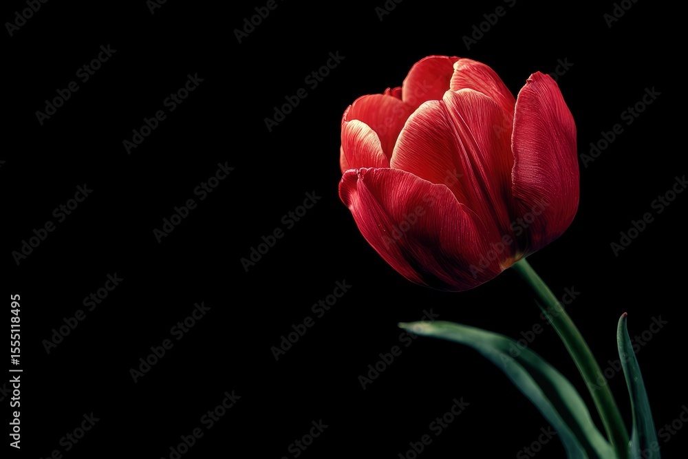 Fototapeta premium Deep red tulip subtly lit against a solid black backdrop Stem and leaves visible