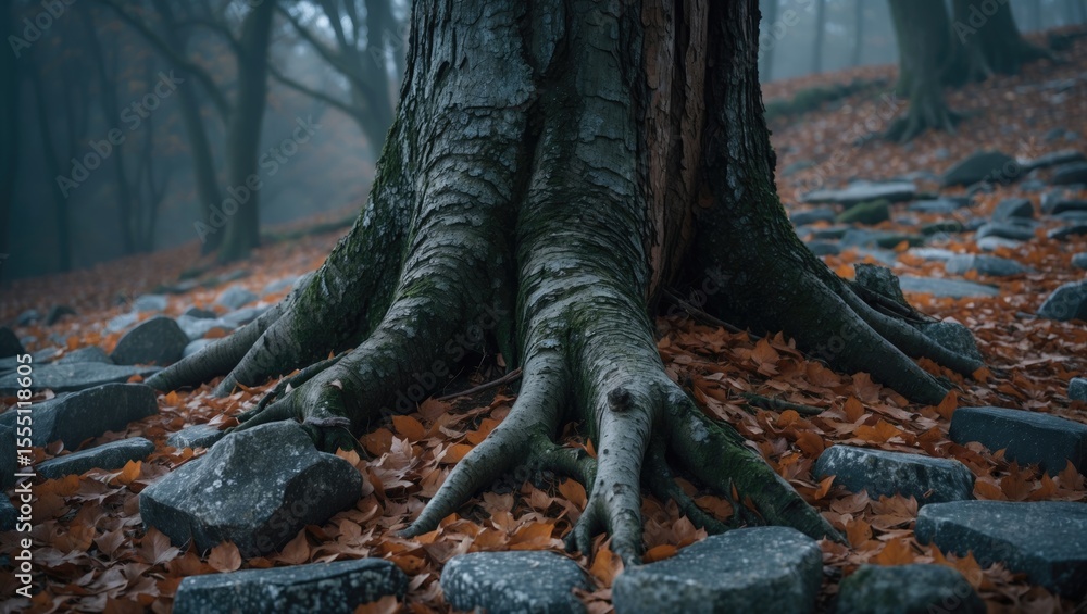 Obraz premium A tree trunk with roots in a misty forest, fallen leaves, and rocks surrounding the base.