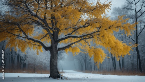Autumn tree with yellow leaves in a foggy winter landscape
