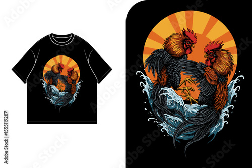A black t-shirt design featuring two roosters fighting in front of a rising sun, surrounded by water.