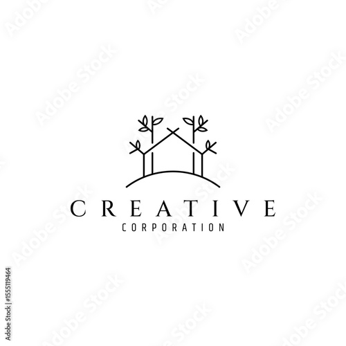 house logo with tree in minimalist line art design style