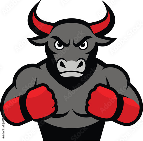 Powerful angry bull mascot with boxing gloves