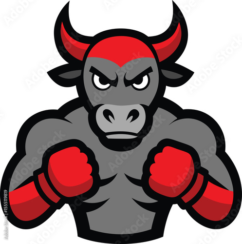 Powerful angry bull mascot with boxing gloves