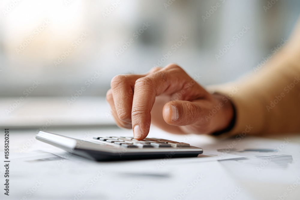 Fototapeta premium Closeup of a hand using a calculator on financial documents. Illustrates accounting, finance, business, and economics. Perfect for articles, websites, presentations.
