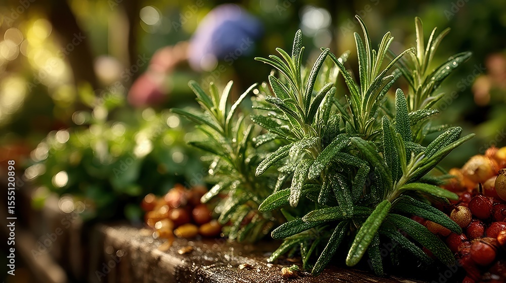 Fototapeta premium Fresh Rosemary Sprigs with Berries on a Rustic Wood Surface in Soft Morning Sunlight