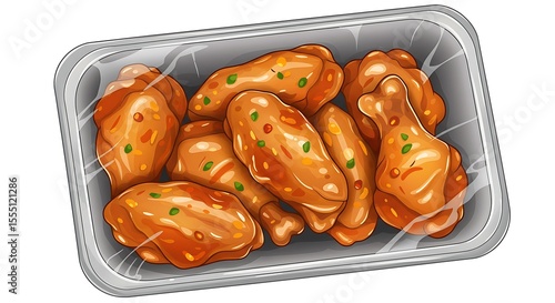 Cartoon sealed plastic tray with marinated chicken wings, glossy sauce coating, juicy and colorful, highly detailed, white background.

