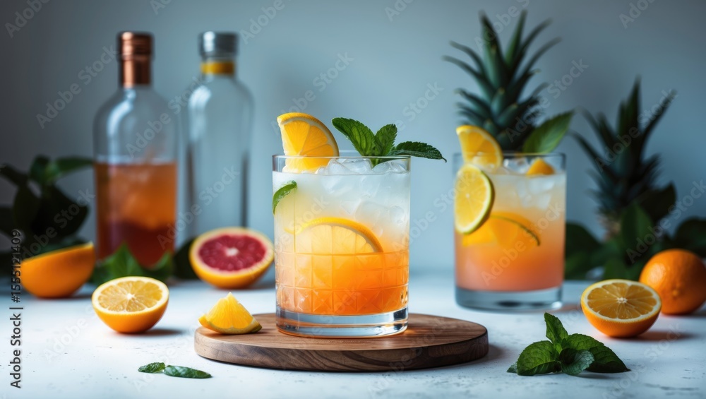 Fototapeta premium Colorful cocktails with lemon and mint garnishes, accompanied by fresh fruits and bottles, on a white surface with a tropical vibe.