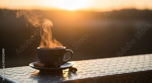Steaming coffee cup on balcony railing at sunrise with golden horizon view