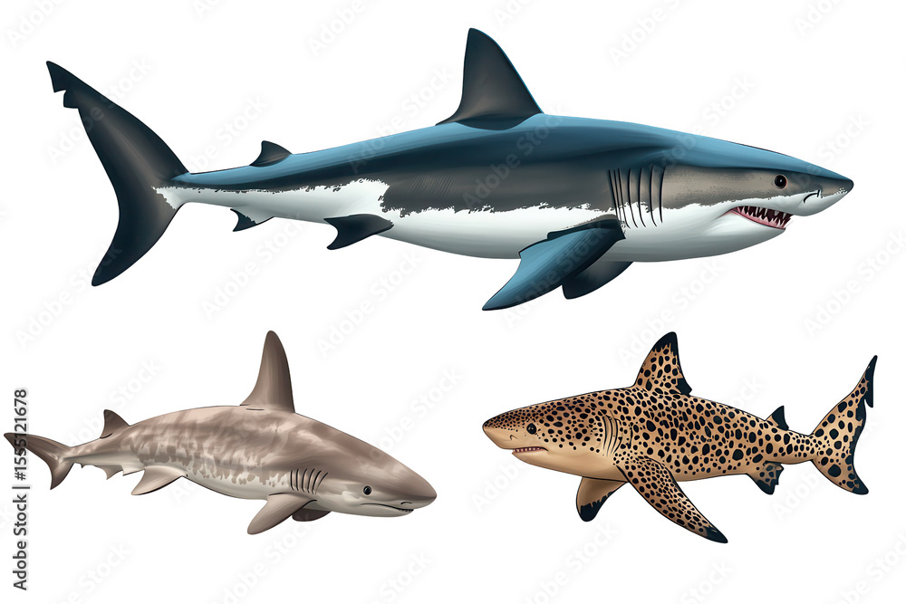 Obraz premium Three types of sharks featuring great white, bull, and leopard sharks swimming together in a marine habitat