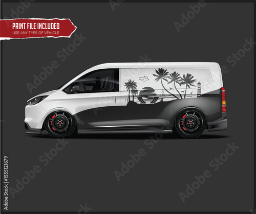 White Van with Tropical Beach Graphic Design Side