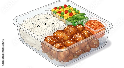 Realistic drawing of a clear plastic bento box with rice, vegetables, and protein neatly arranged, highly detailed, saturated, white background.

