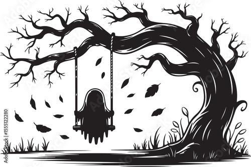 Silhouette of a spooky tree with a swing autumnal and eerie illustration