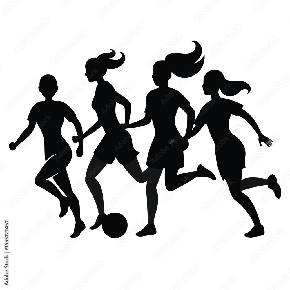 Fototapeta premium Silhouette Illustration of Four Female Soccer Players Running with a Ball Team Sport Competition Fitness and Athleticism on a White Background