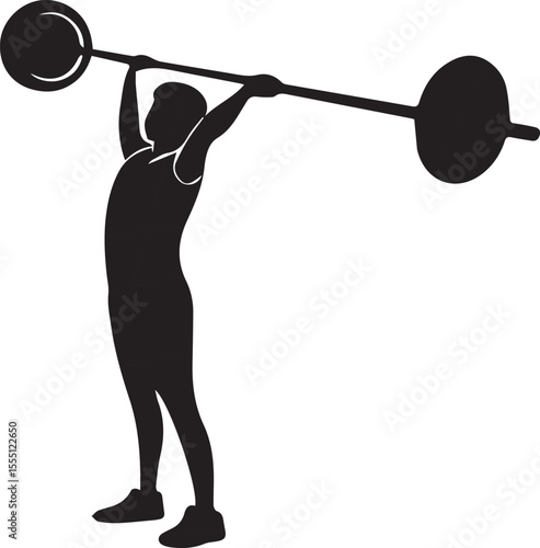 Silhouette of a weightlifter lifting barbell overhead in strength pose. Black vector fitness illustration for gym, competition, and workout themes. Perfect for posters, logos, and designs.