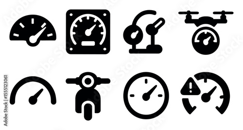 Dashboard and speedometer solid icon set for vehicle, motorcycle, and drone interfaces