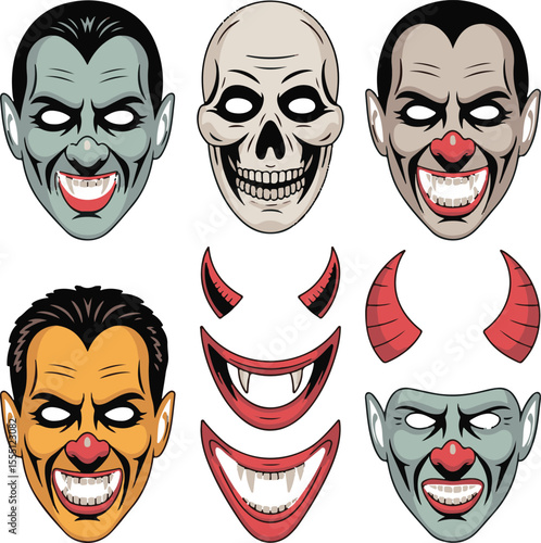 Spooky halloween vector illustration featuring devil horns dracula clowns and skull imagery