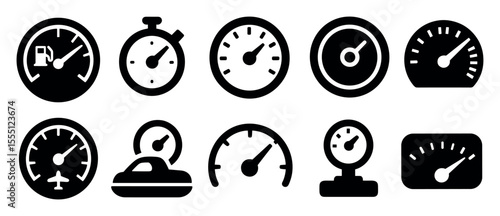 Speedometer, gauge silhouette icon set. measurement, automotive symbols collection