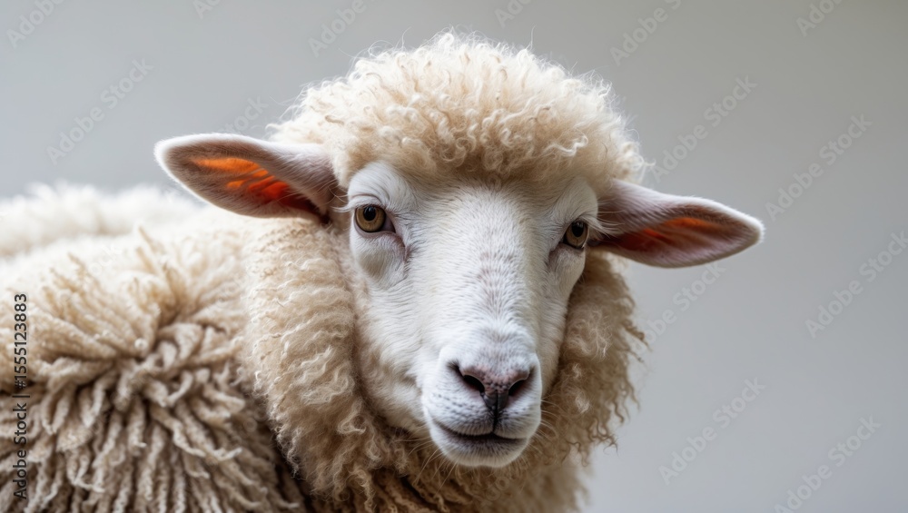 Fototapeta premium Close-up of a sheep with woolly coat, showing a detailed view of its face and ears.