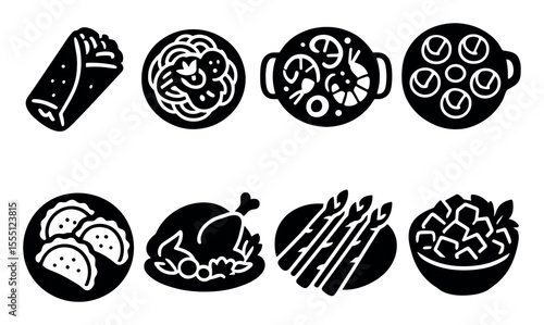 Mexican cuisine silhouette icon set. burrito, taco, nachos icons silhouette collection