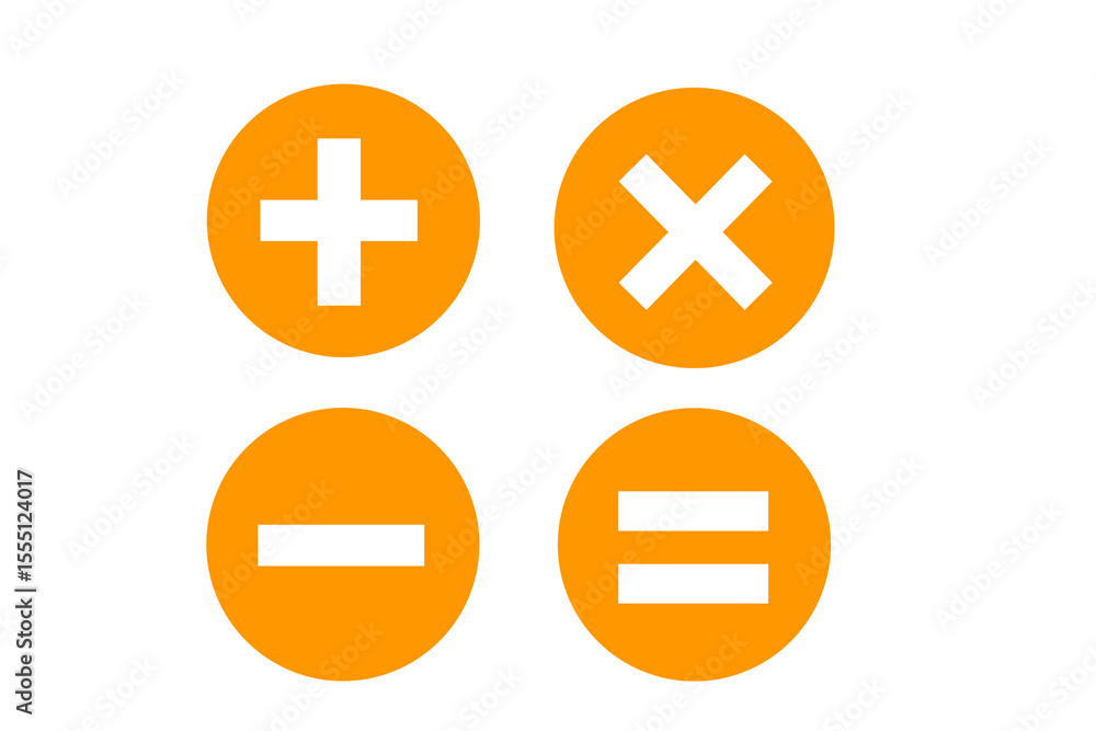 Obraz premium Orange Circle Math Icons Set – Plus, Minus, Multiply, Divide Symbols in Grid
