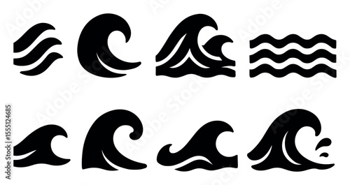 Ocean waves silhouette icon set. marine, water symbols in silhouette style