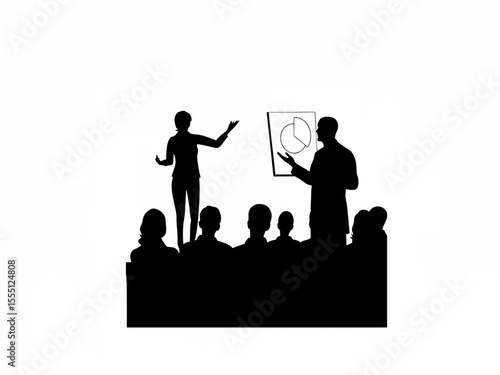 Silhouette of a person pitching a business idea to investors on white background