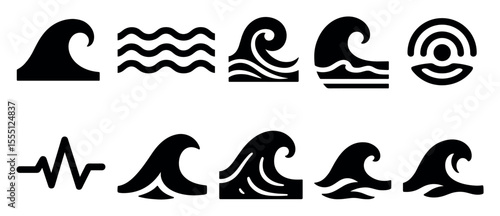 Wave, ocean solid icon set. water, sea, surf symbols in bold black style