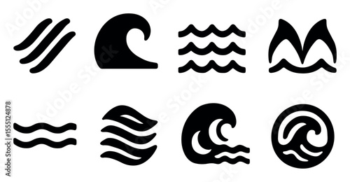 Ocean and wave solid icon set. surf, sea, beach symbols solid style collection