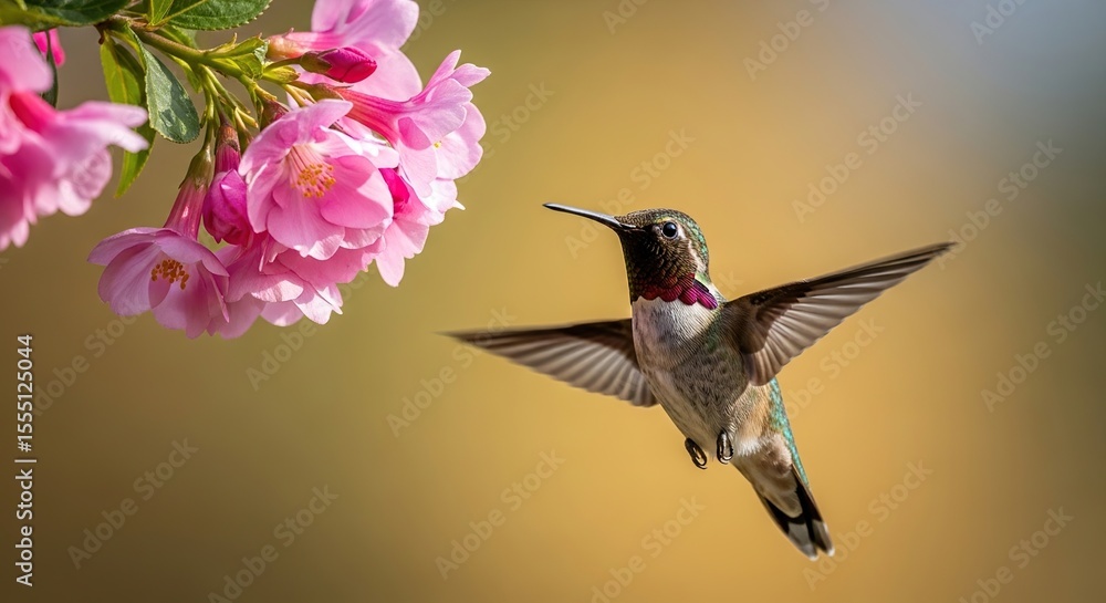 Fototapeta premium Vibrant hummingbird hovering near pink cherry blossoms in a serene nature setting