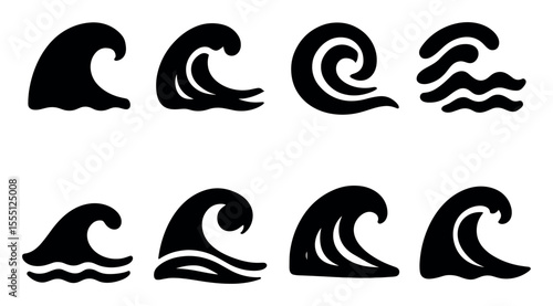 Wave silhouette icon set. ocean, sea, surf symbols silhouette collection