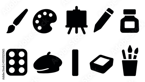 Art and craft solid icon set. creative tools, painting icon collection