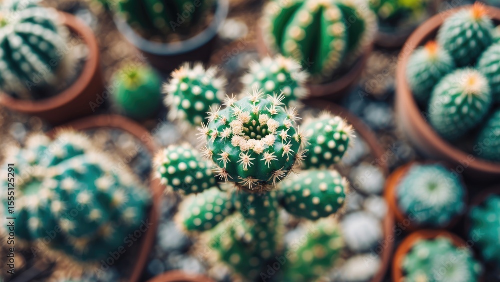 A collection of potted cactus plants arranged closely, showcasing various green cacti with spines in different shapes and sizes. A collection of potted cactus plants arranged closely, showcasing various green cacti with spines in different shapes and sizes.