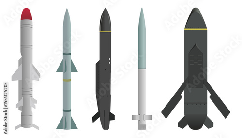 Modern ballistic missiles vector collection - warfare weapon isolated on white.