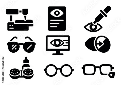 Eye care solid icon set. glasses, lenses, optometry solid collection for healthcare