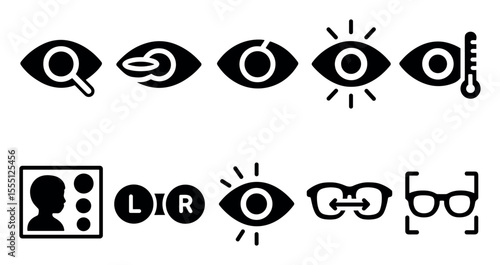 Vision health solid icon set. eyes, glasses, optometry symbols in solid style